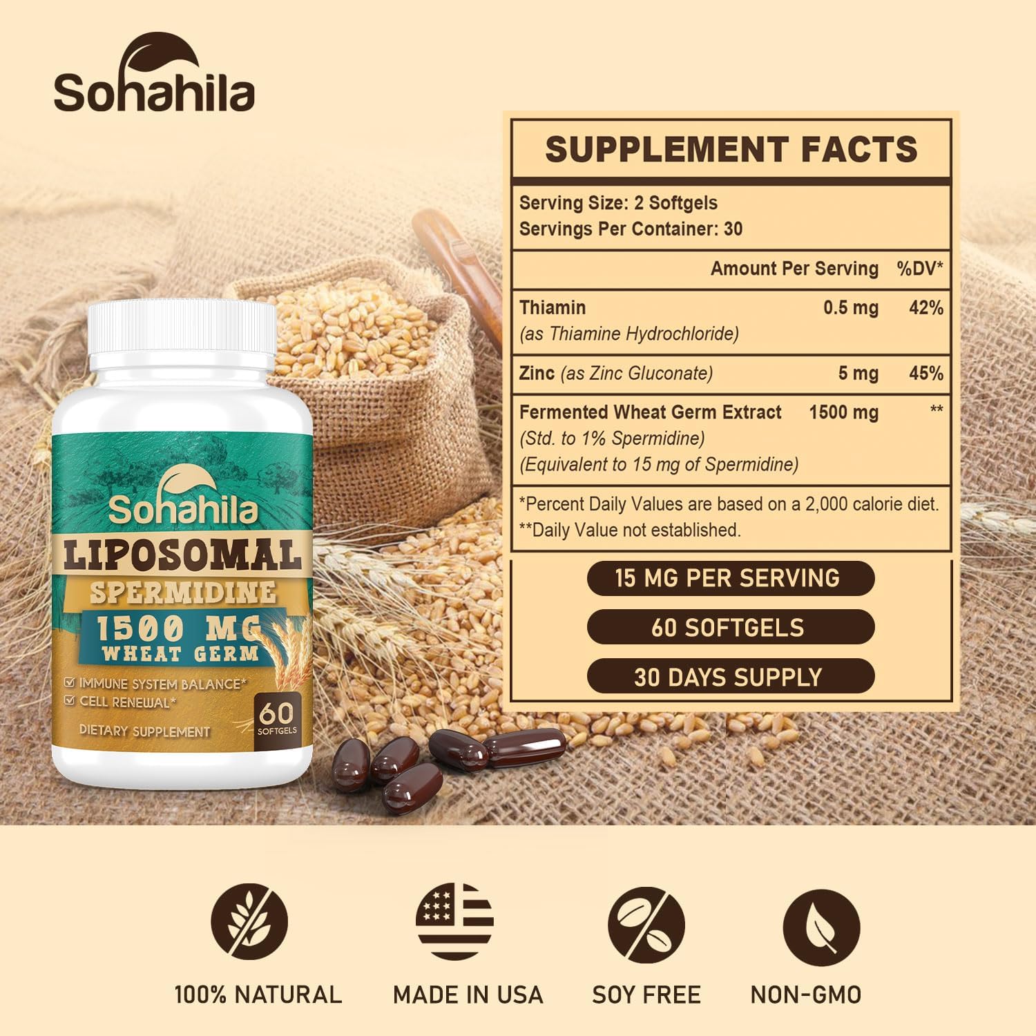 High Absorption Spermidine Supplement with Zinc & Thiamin - Cellular Renewal & Energy Boost - 240 Softgels