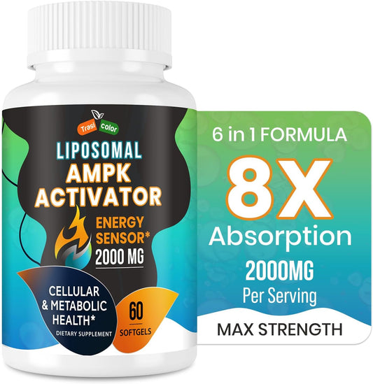 High Absorption Trasicolor AMPK Activator Supplement 2000mg with Liposomal Technology - Berberine, DIM, Resveratrol, Quercetin, Milk Thistle, Cinnamon - 60 Softgels for Energy & Cellular Support