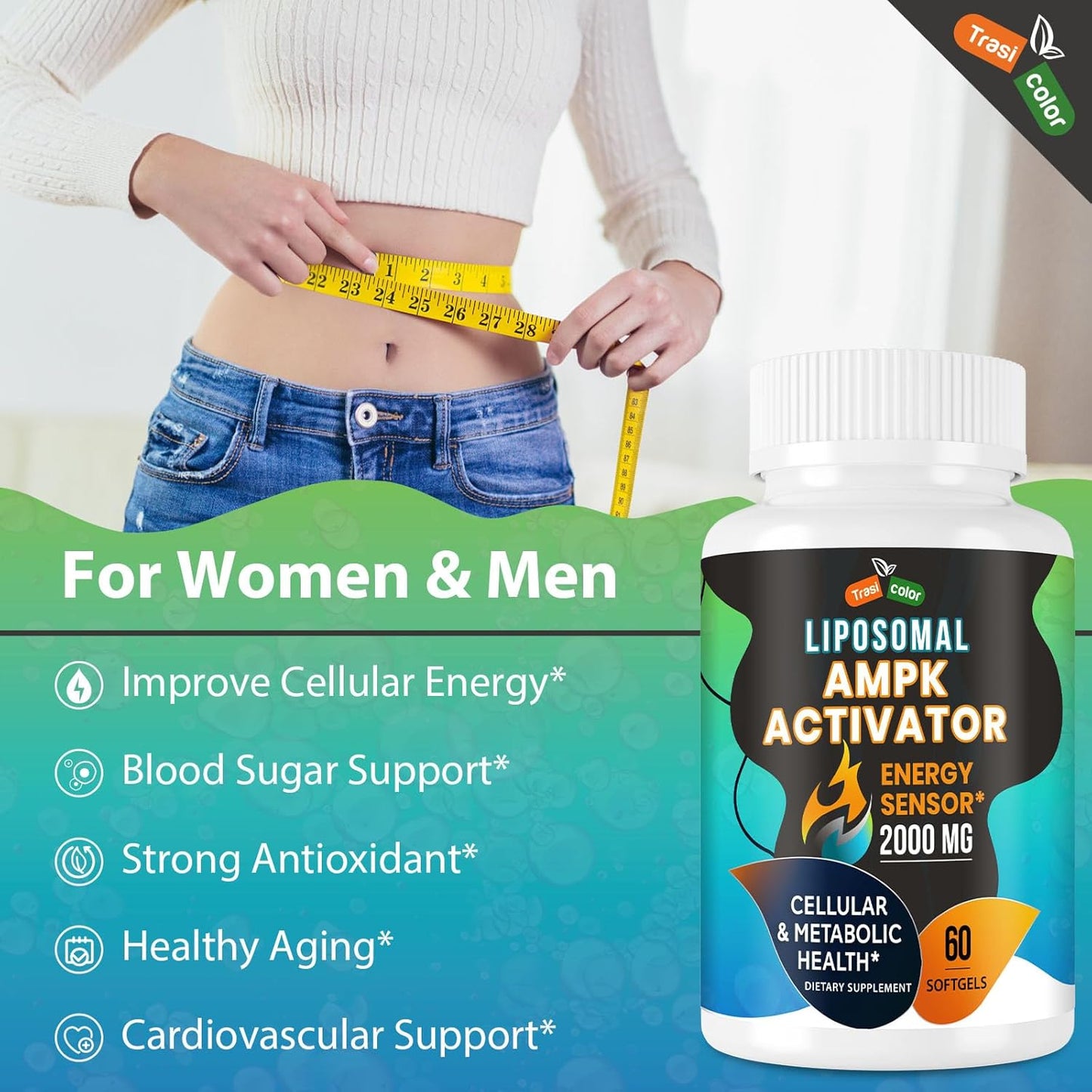 High Absorption Trasicolor AMPK Activator Supplement 2000mg with Liposomal Technology - Berberine, DIM, Resveratrol, Quercetin, Milk Thistle, Cinnamon - 60 Softgels for Energy & Cellular Support
