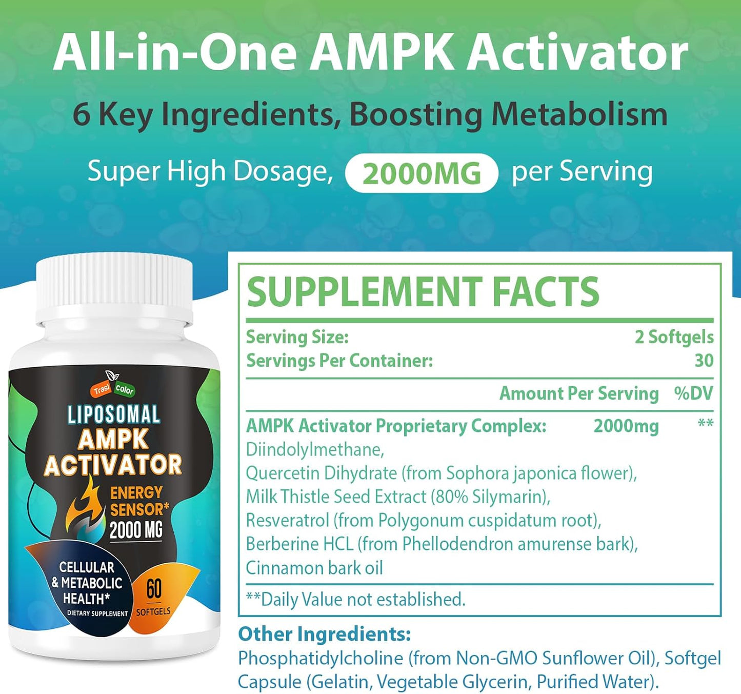 High Absorption Trasicolor AMPK Activator Supplement 2000mg with Liposomal Technology - Berberine, DIM, Resveratrol, Quercetin, Milk Thistle, Cinnamon - 60 Softgels for Energy & Cellular Support