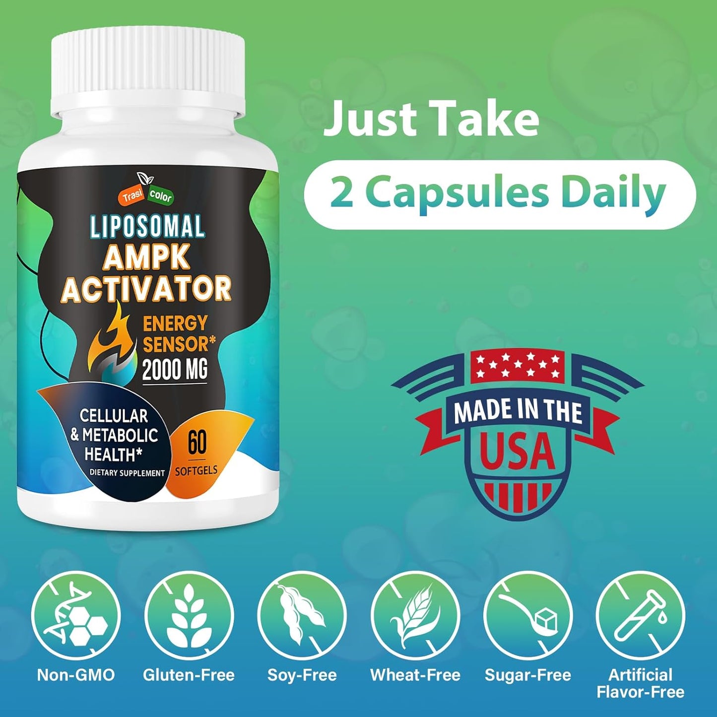 High Absorption Trasicolor AMPK Activator Supplement 2000mg with Liposomal Technology - Berberine, DIM, Resveratrol, Quercetin, Milk Thistle, Cinnamon - 60 Softgels for Energy & Cellular Support