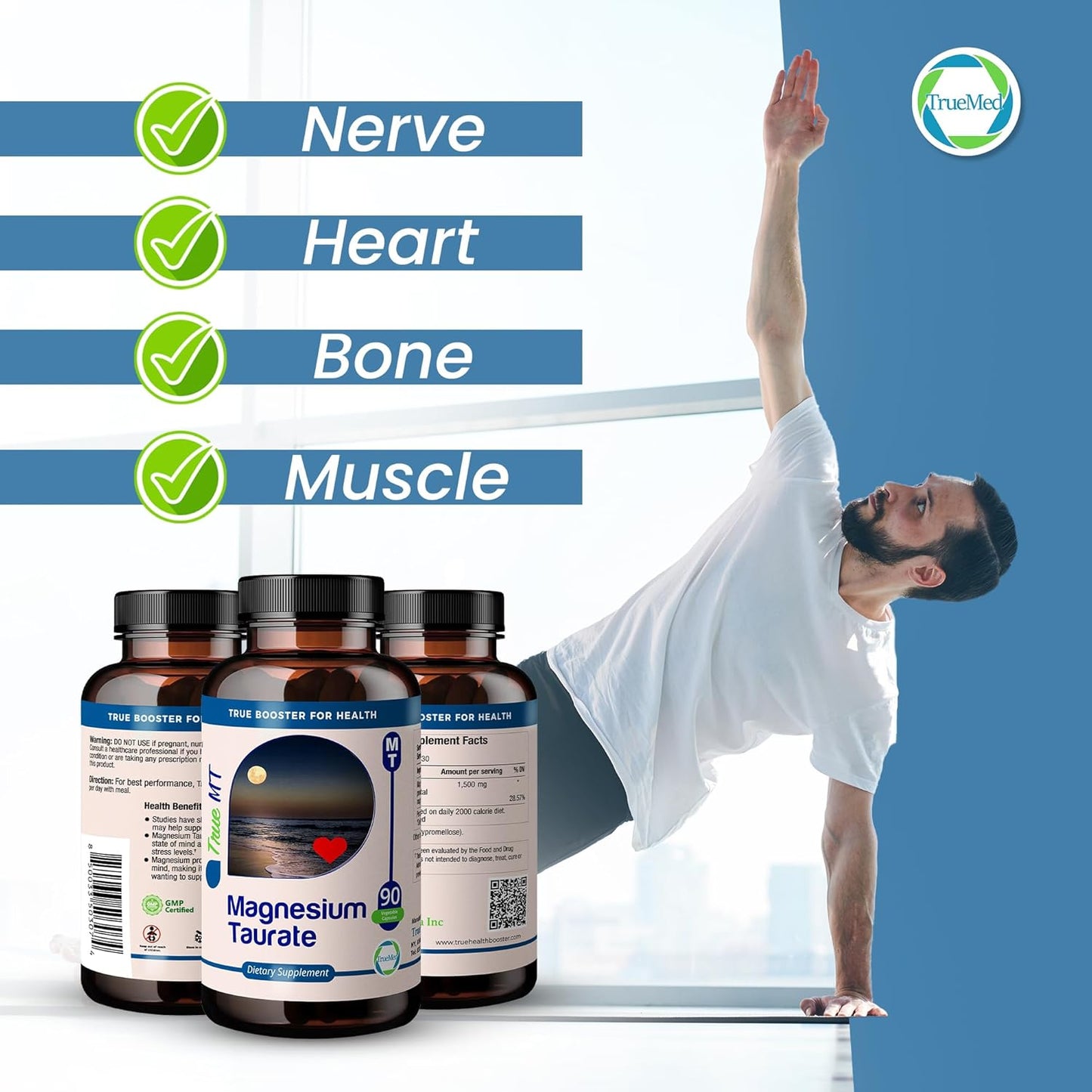 High Absorption TRUEMED Magnesium Taurate 1500mg Capsules for Cardiovascular Health, Stress Relief, Sleep Support, Balanced Blood Pressure, Nerve Function - 90 Veggie Caps