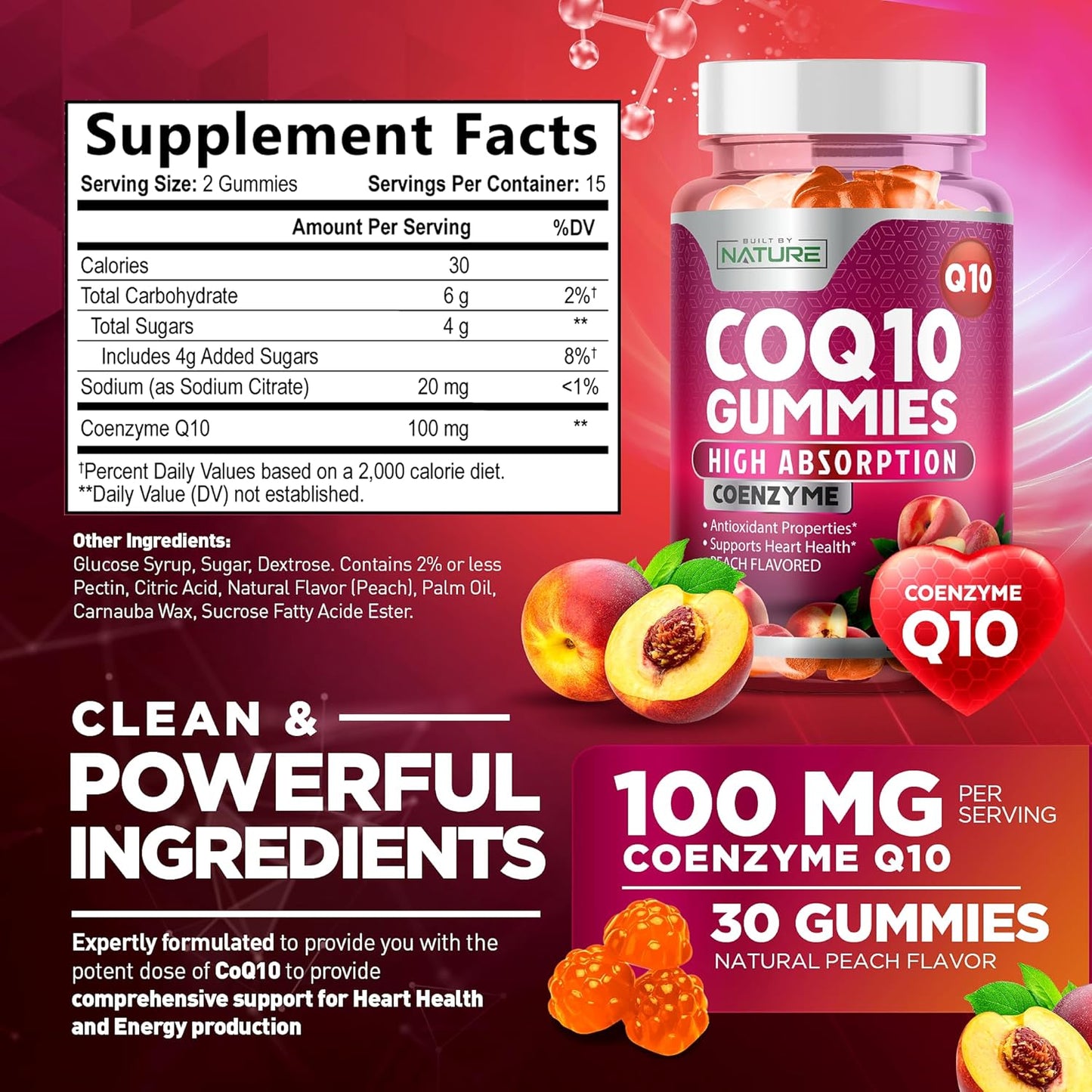 High Absorption Vegan CoQ10 Gummies 100mg for Heart Health - Tasty Peach Flavor - 30 Gummies