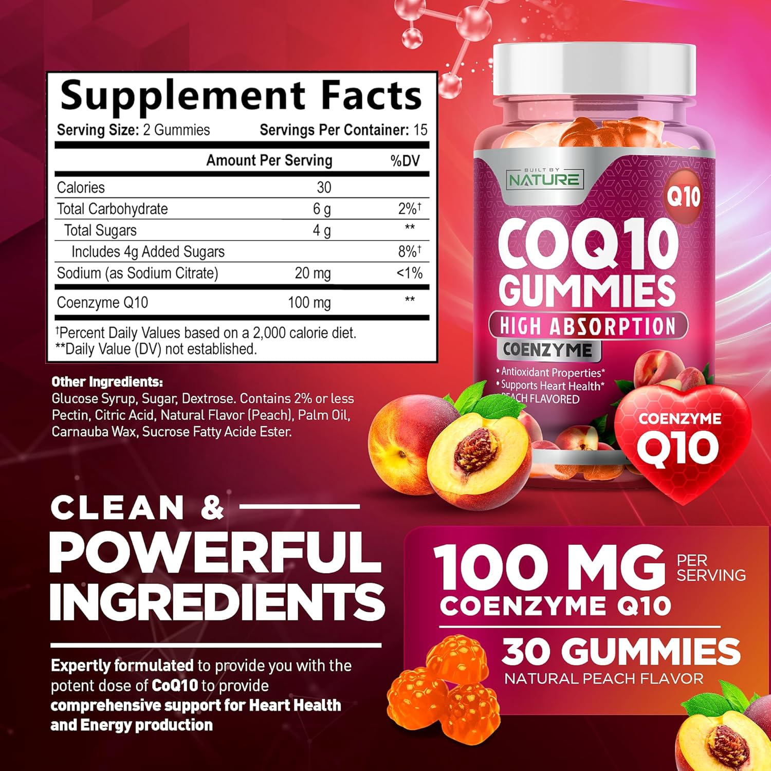 High Absorption Vegan CoQ10 Gummies 100mg for Heart Health - Tasty Peach Flavor - 30 Gummies