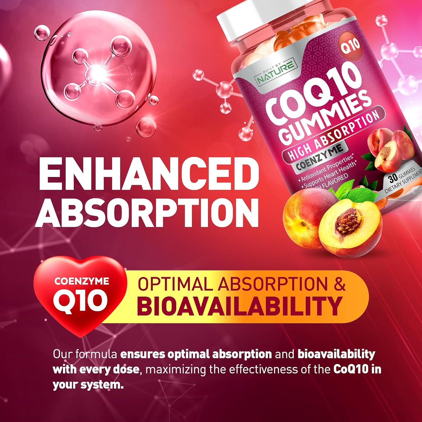 High Absorption Vegan CoQ10 Gummies 100mg for Heart Health - Tasty Peach Flavor - 30 Gummies
