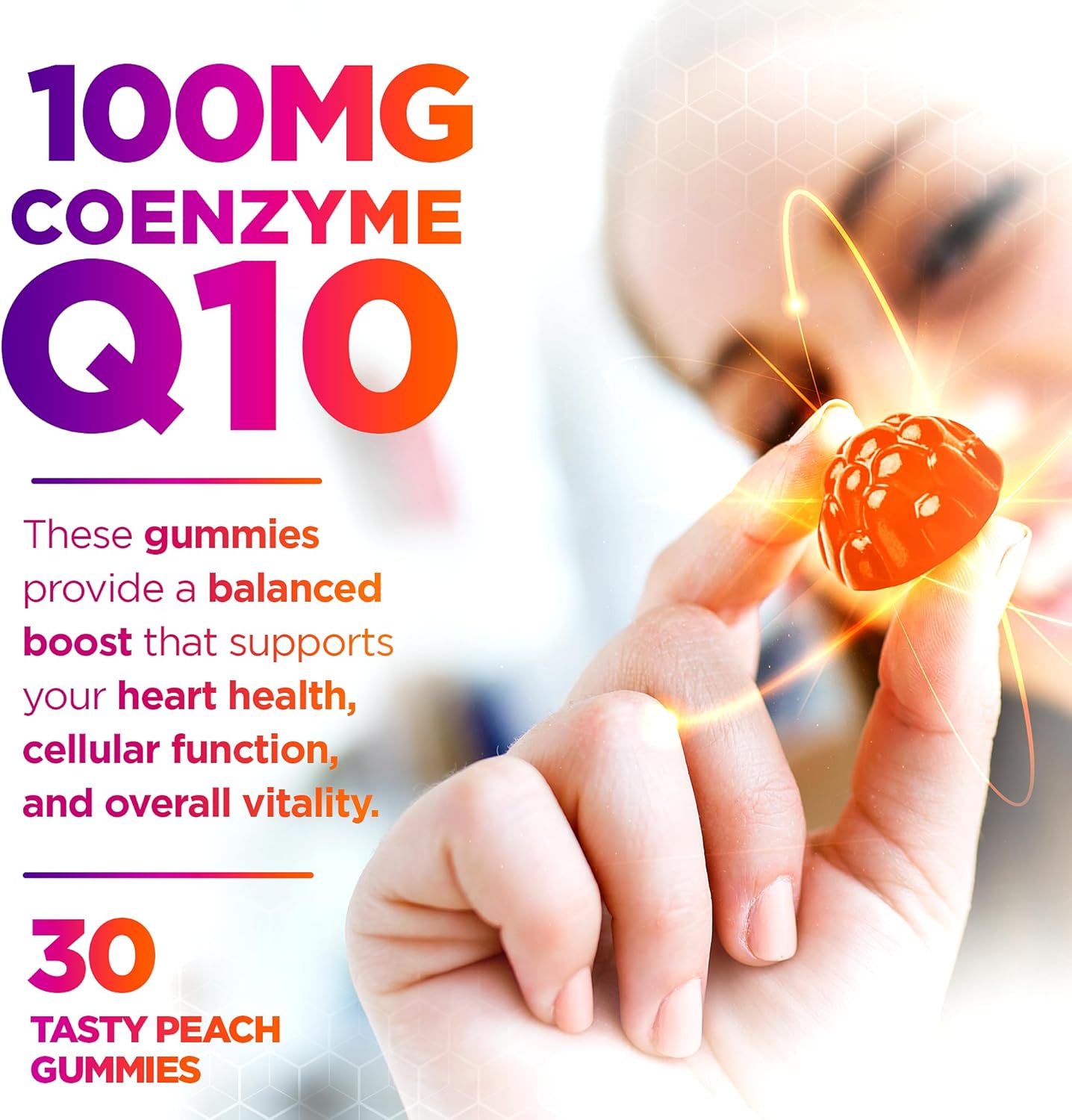 High Absorption Vegan CoQ10 Gummies 100mg for Heart Health - Tasty Peach Flavor - 30 Gummies
