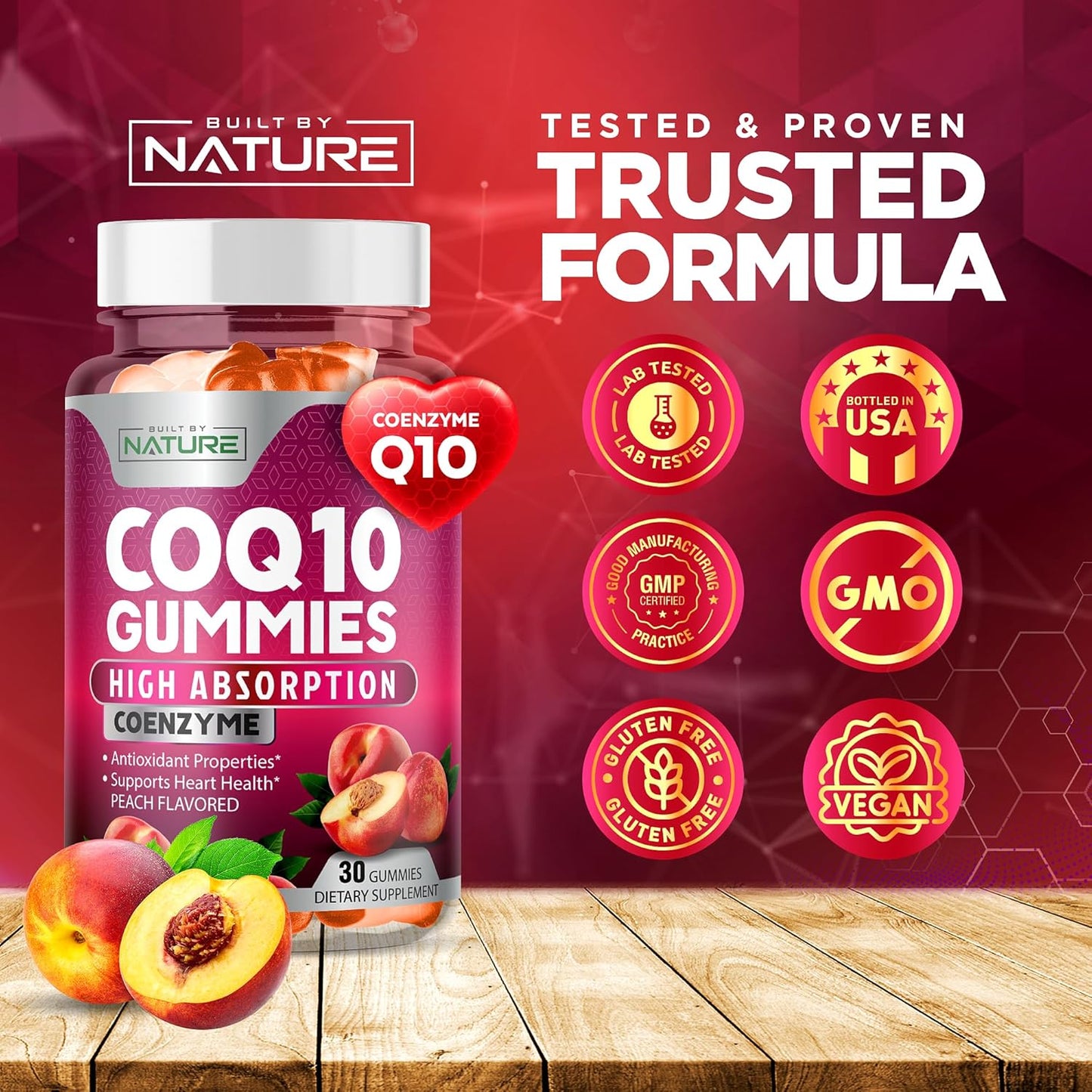 High Absorption Vegan CoQ10 Gummies 100mg for Heart Health - Tasty Peach Flavor - 30 Gummies