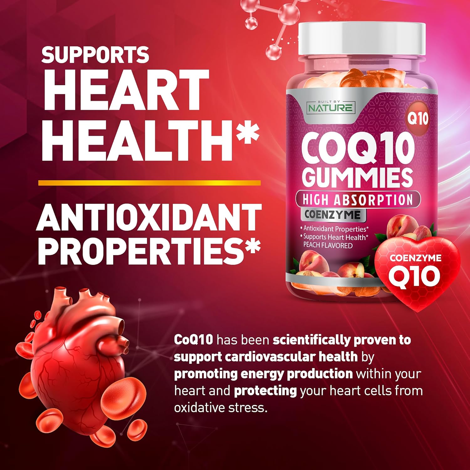 High Absorption Vegan CoQ10 Gummies 100mg for Heart Health - Tasty Peach Flavor - 30 Gummies