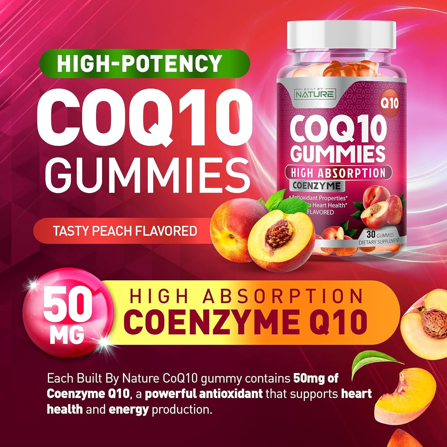 High Absorption Vegan CoQ10 Gummies 100mg for Heart Health - Tasty Peach Flavor - 30 Gummies