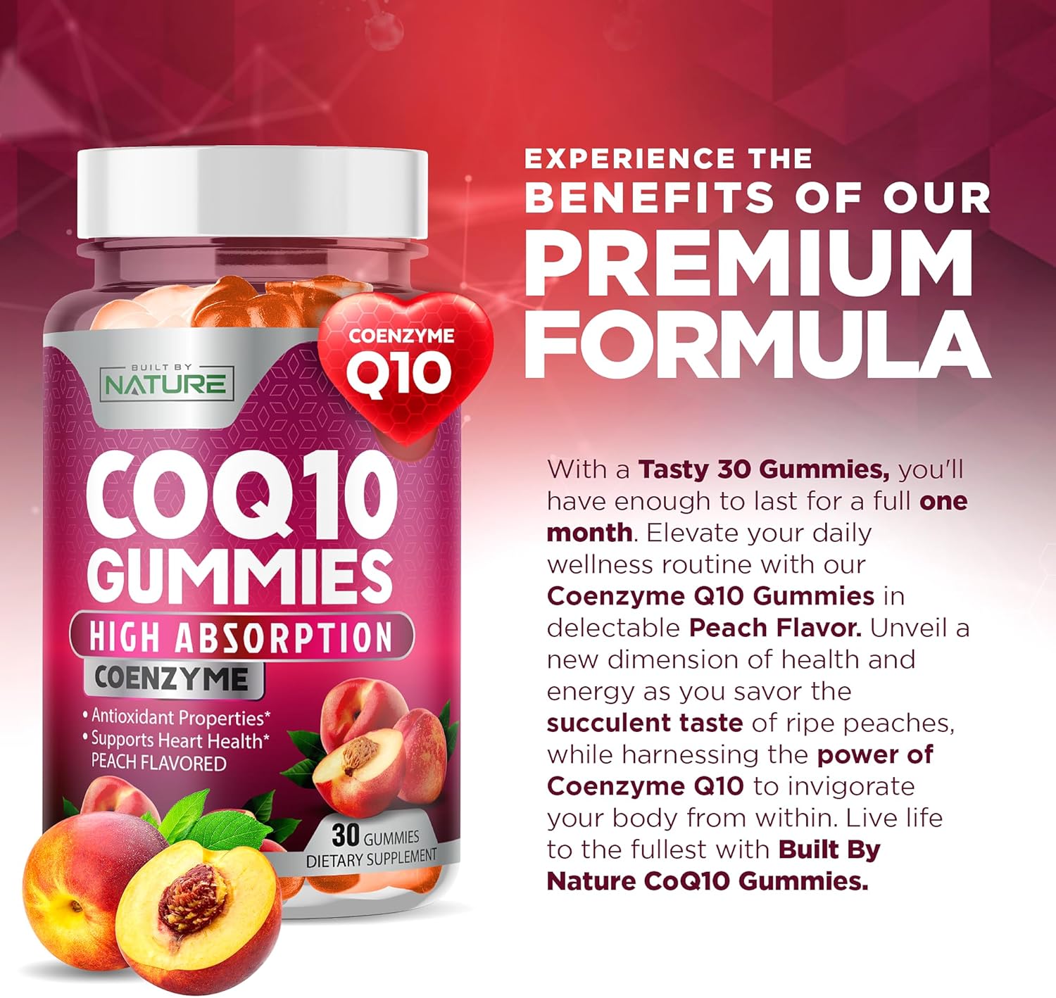 High Absorption Vegan CoQ10 Gummies 100mg for Heart Health - Tasty Peach Flavor - 30 Gummies