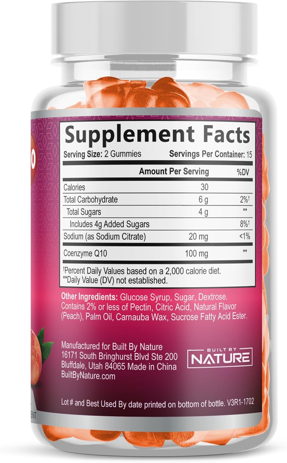 High Absorption Vegan CoQ10 Gummies 100mg for Heart Health - Tasty Peach Flavor - 30 Gummies