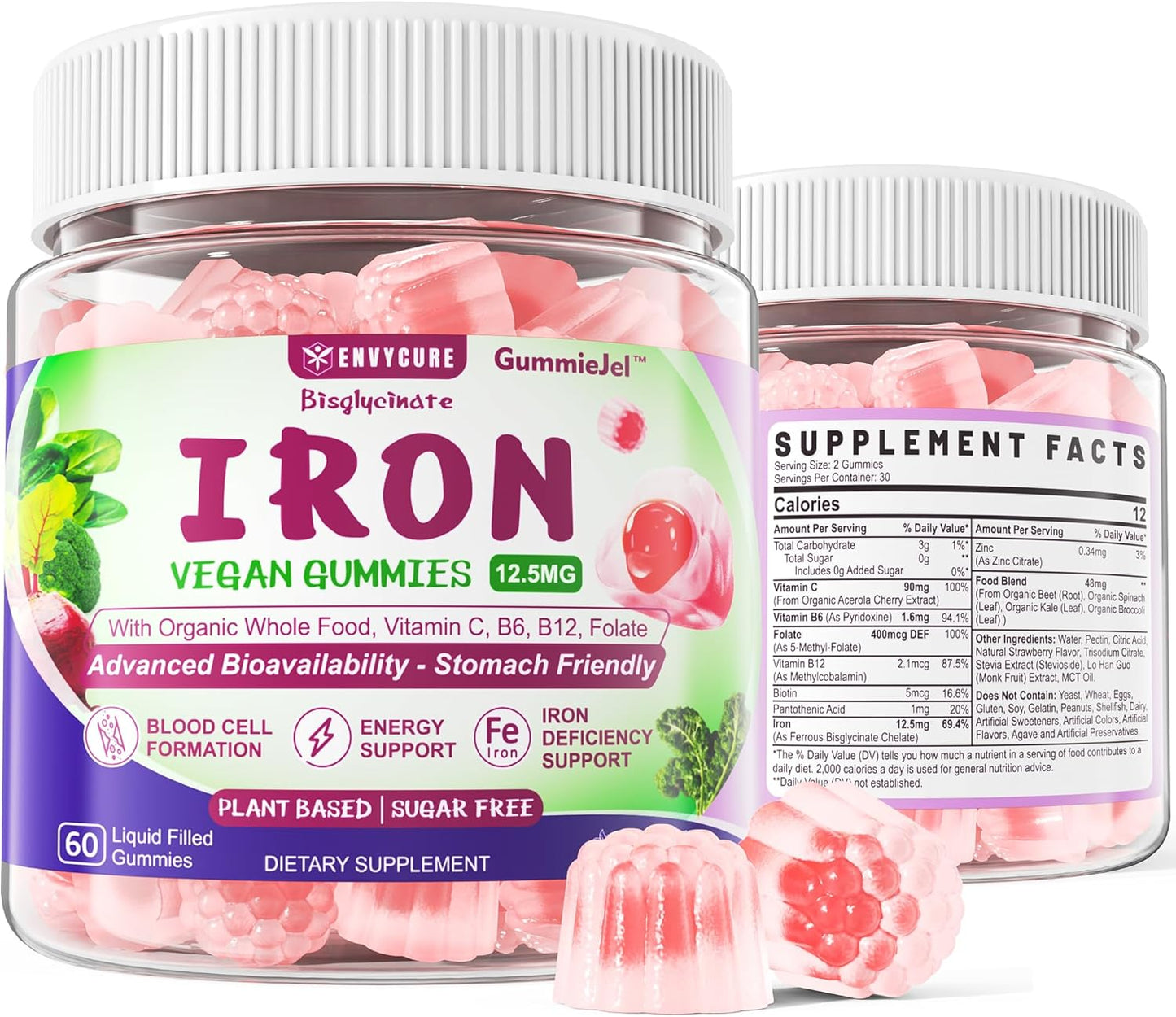High Absorption Vegan Iron Gummies with Vitamin C, B-Complex, Folate - Iron Filled Supplement for Energy & Blood Building - 60Cts