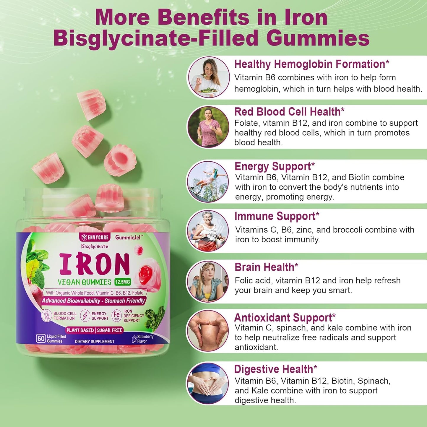 High Absorption Vegan Iron Gummies with Vitamin C, B-Complex, Folate - Iron Filled Supplement for Energy & Blood Building - 60Cts