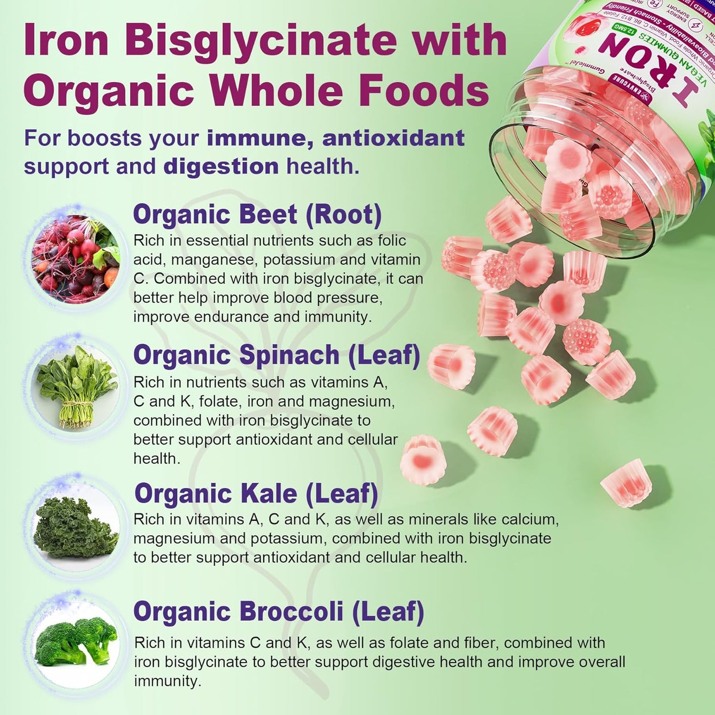 High Absorption Vegan Iron Gummies with Vitamin C, B-Complex, Folate - Iron Filled Supplement for Energy & Blood Building - 60Cts