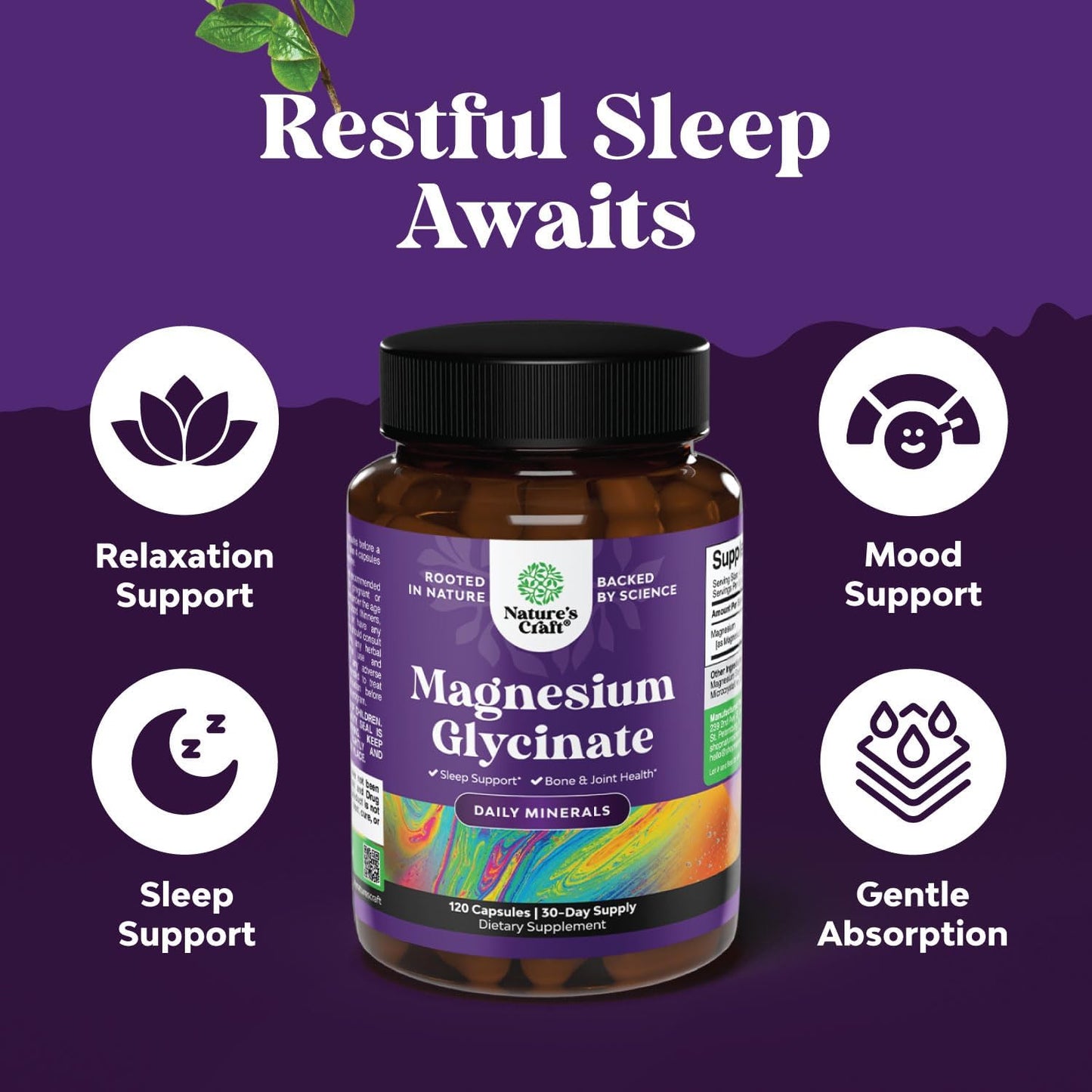 High Absorption Vegan Magnesium Glycinate Capsules - 400mg for Mood, Sleep, and Relaxation - 30 Servings per Bottle
