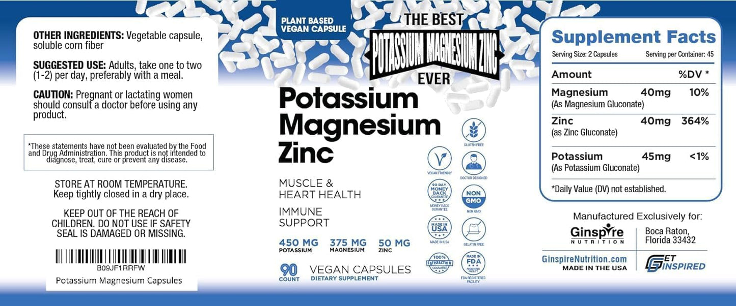 High Absorption Vegan Magnesium Potassium Zinc Supplement - 90 Capsules for Vascular Health, Leg Cramps & Sleep - GINSPIRE NUTRITION Supplement