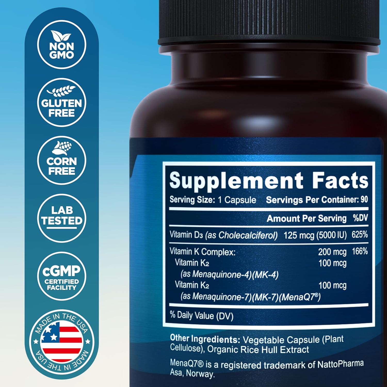 High Absorption Vitamin D3 K2 Supplement for Heart Health & Immune Support - 5000 IU & 200 mcg, Patented MK7 & MK4, 90 Vegetarian Capsules