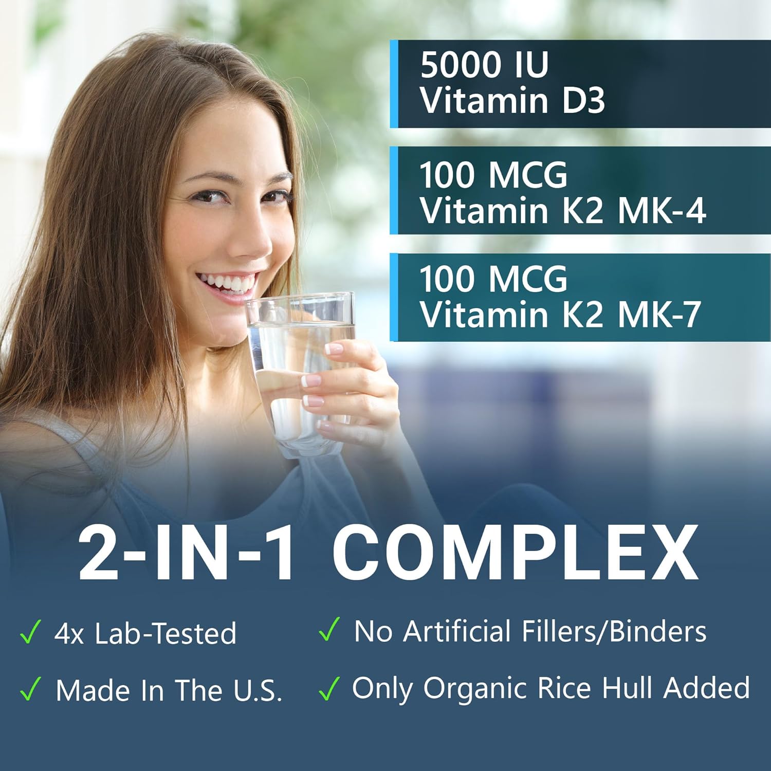 High Absorption Vitamin D3 K2 Supplement for Heart Health & Immune Support - 5000 IU & 200 mcg, Patented MK7 & MK4, 90 Vegetarian Capsules