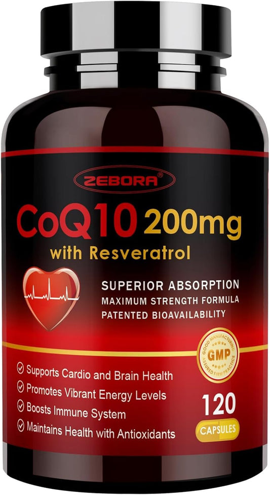 High Absorption ZEBORA CoQ10-200mg with Trans-Resveratrol, PQQ & Vitamin E - Antioxidant for Heart & Energy - 120 Veggie Capsules