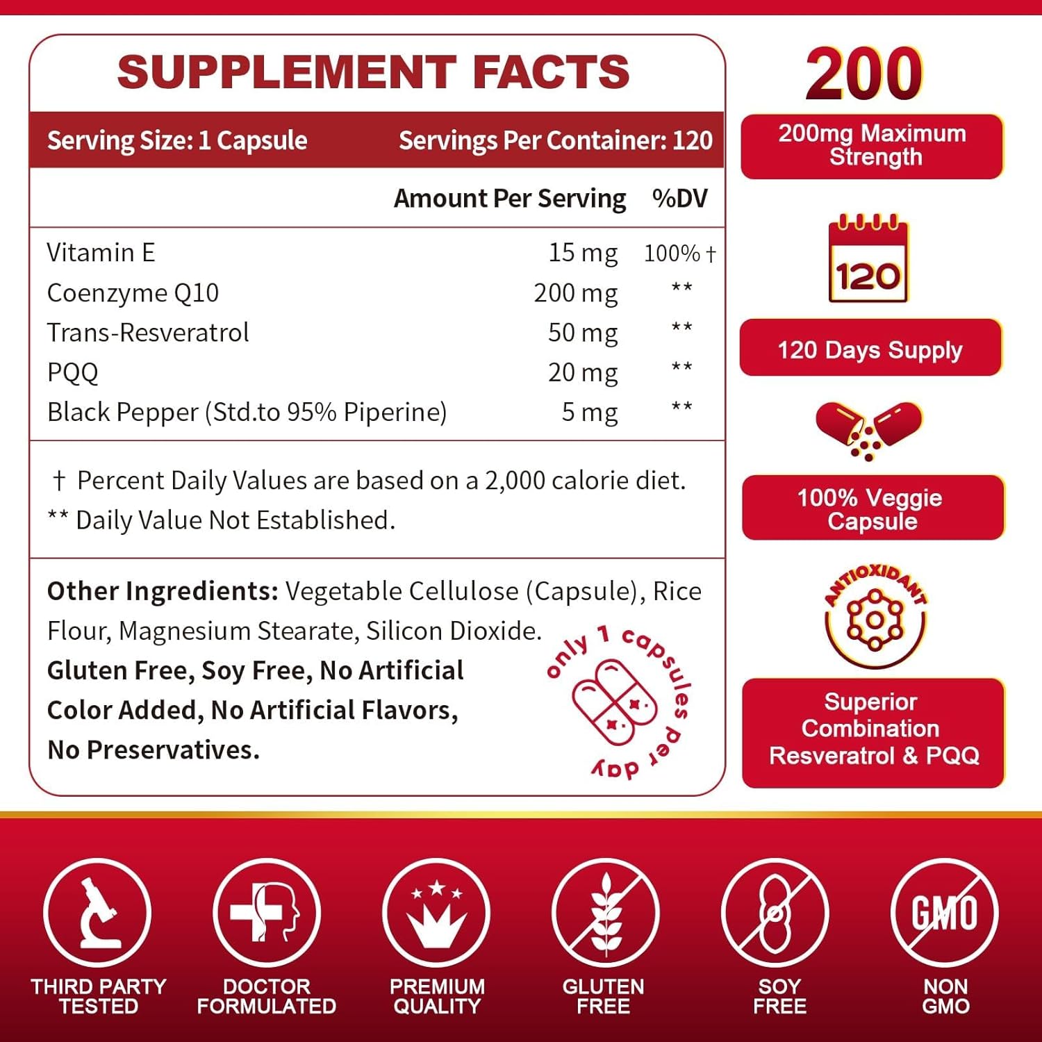 High Absorption ZEBORA CoQ10-200mg with Trans-Resveratrol, PQQ & Vitamin E - Antioxidant for Heart & Energy - 120 Veggie Capsules
