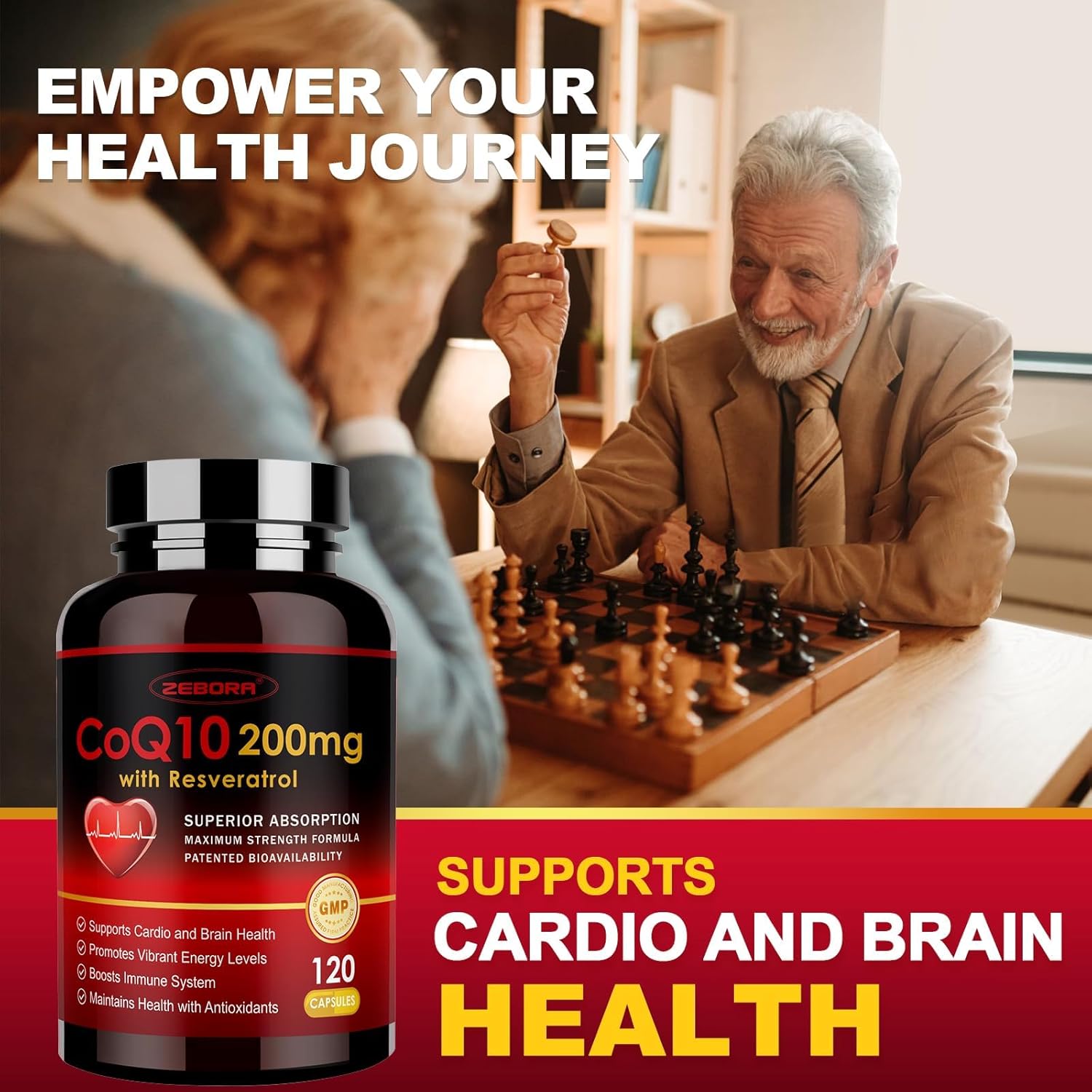 High Absorption ZEBORA CoQ10-200mg with Trans-Resveratrol, PQQ & Vitamin E - Antioxidant for Heart & Energy - 120 Veggie Capsules