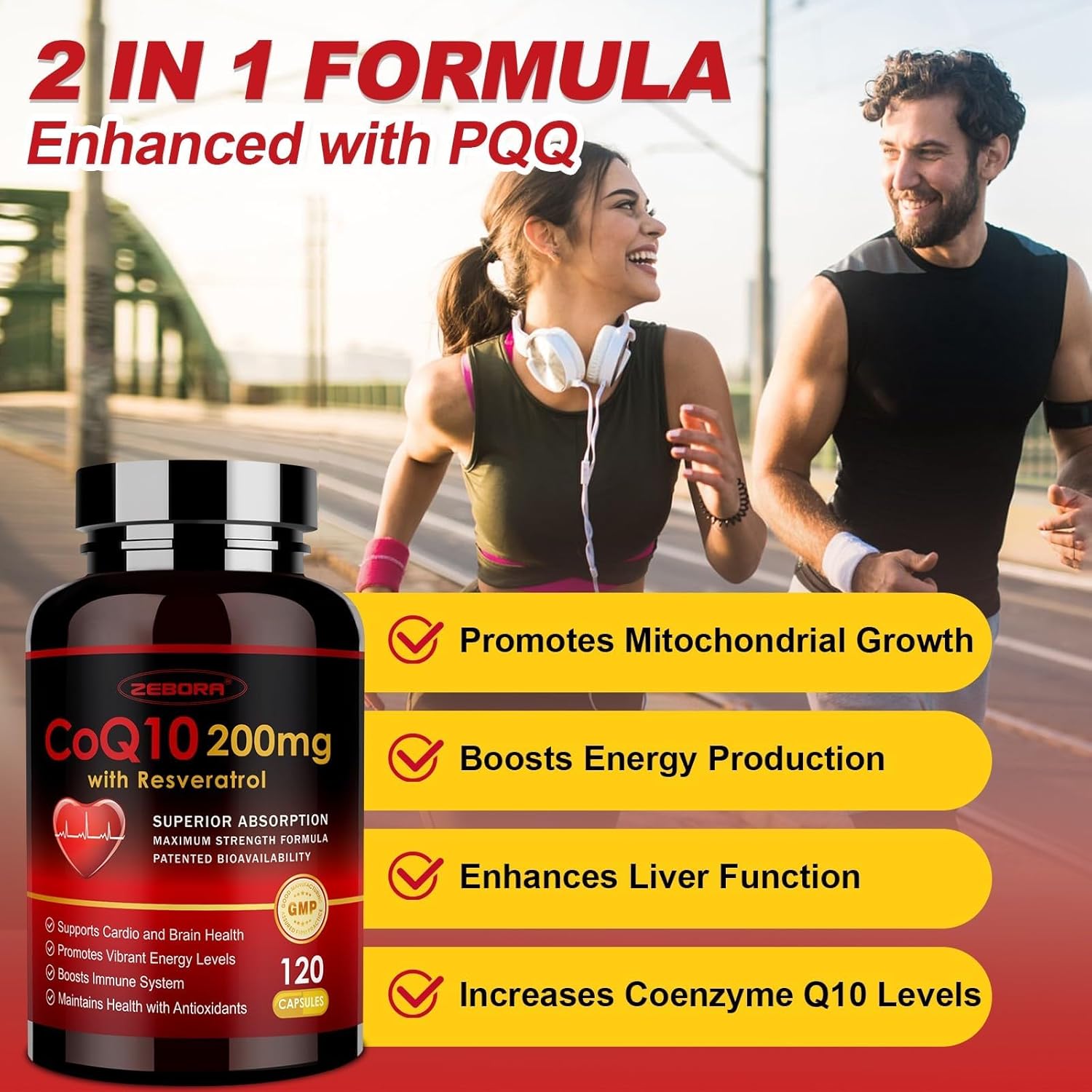 High Absorption ZEBORA CoQ10-200mg with Trans-Resveratrol, PQQ & Vitamin E - Antioxidant for Heart & Energy - 120 Veggie Capsules