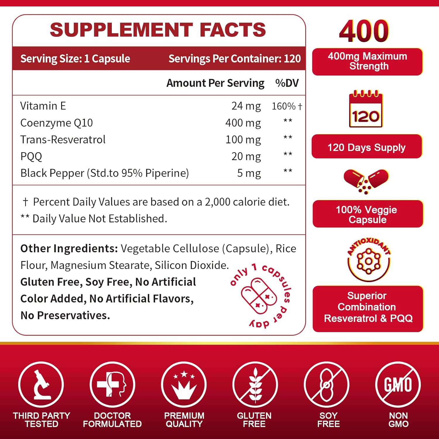 High Absorption ZEBORA CoQ10-400mg with Trans-Resveratrol, PQQ & Vitamin E - Antioxidant for Heart & Energy - 120 Veggie Capsules
