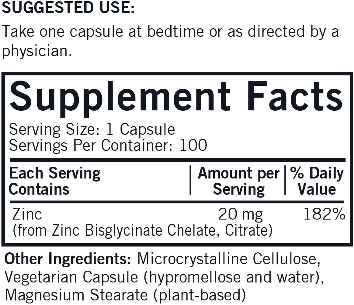 High Absorption Zinc 20mg Capsules for Immune Support - 100 Count - Hypoallergenic Formula by Kirkman