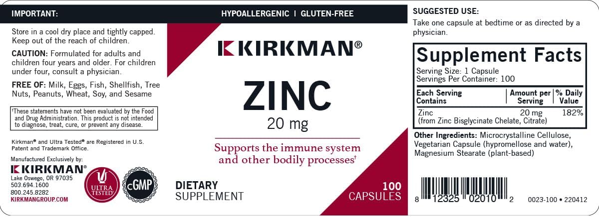 High Absorption Zinc 20mg Capsules for Immune Support - 100 Count - Hypoallergenic Formula by Kirkman