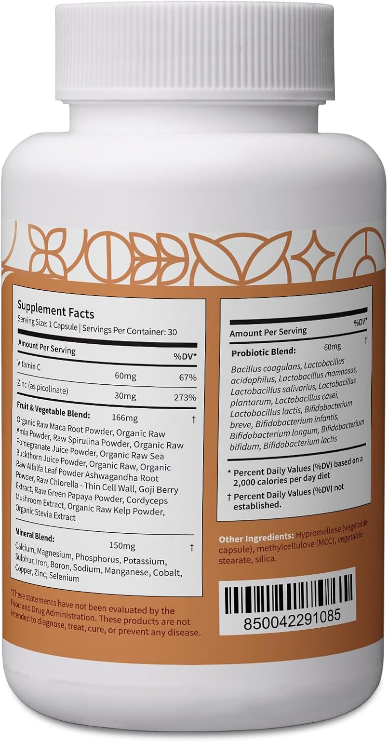 High Absorption Zinc Complex Supplement with Vitamin C, Probiotics, and Plant-Based Ingredients - Immune Support - 30 Vegan Capsules - 3rd Party Lab Tested