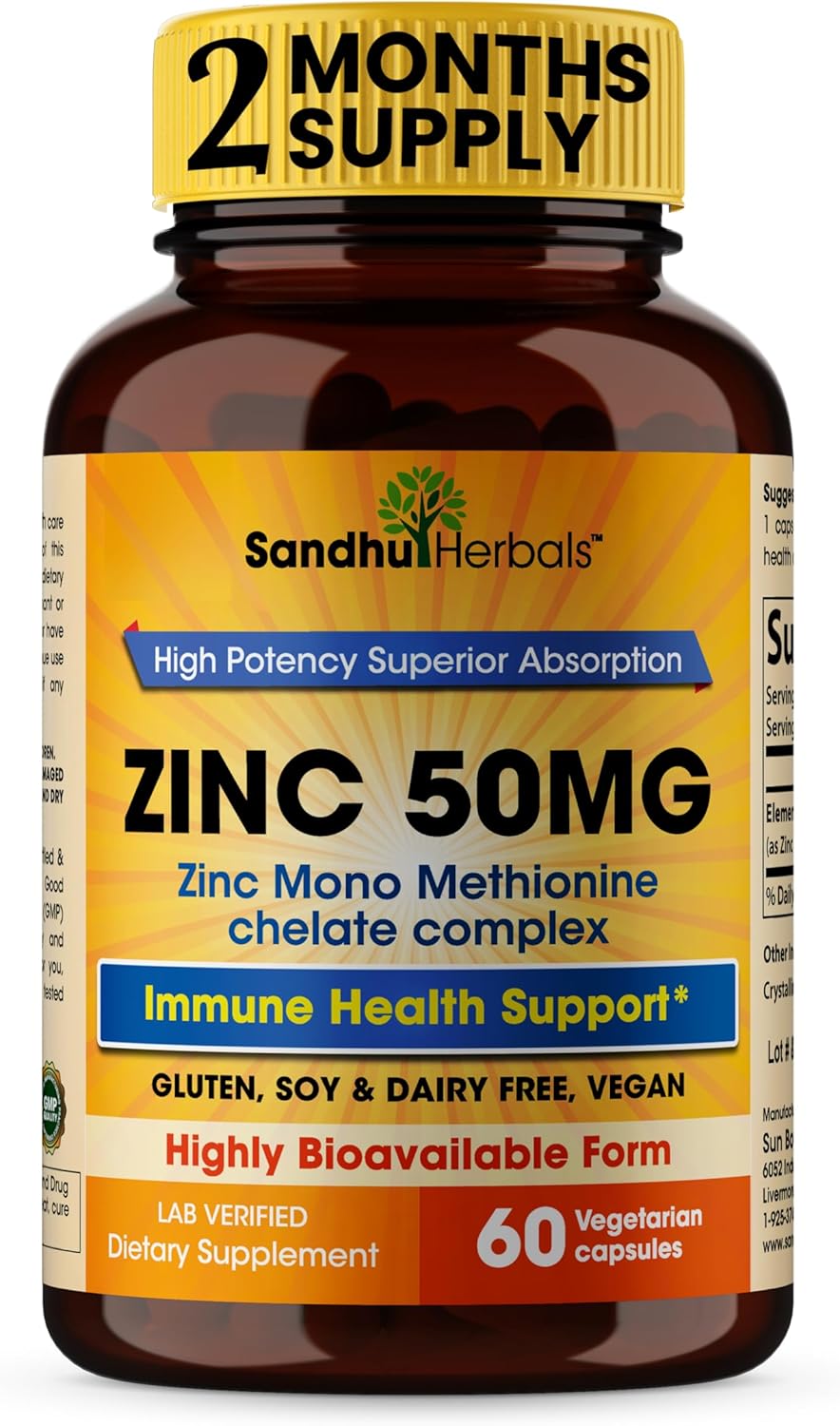 High Absorption Zinc Monomethionine Complex Supplement - 60 Capsules for Immune, Acne, and Antioxidant Support - Vegetarian Formula for Men & Women by Sandhu Herbals