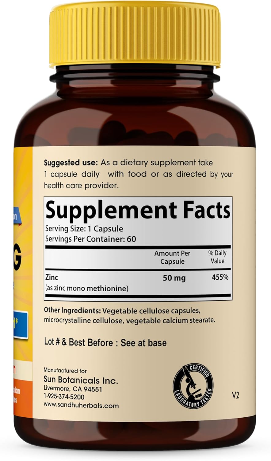 High Absorption Zinc Monomethionine Complex Supplement - 60 Capsules for Immune, Acne, and Antioxidant Support - Vegetarian Formula for Men & Women by Sandhu Herbals