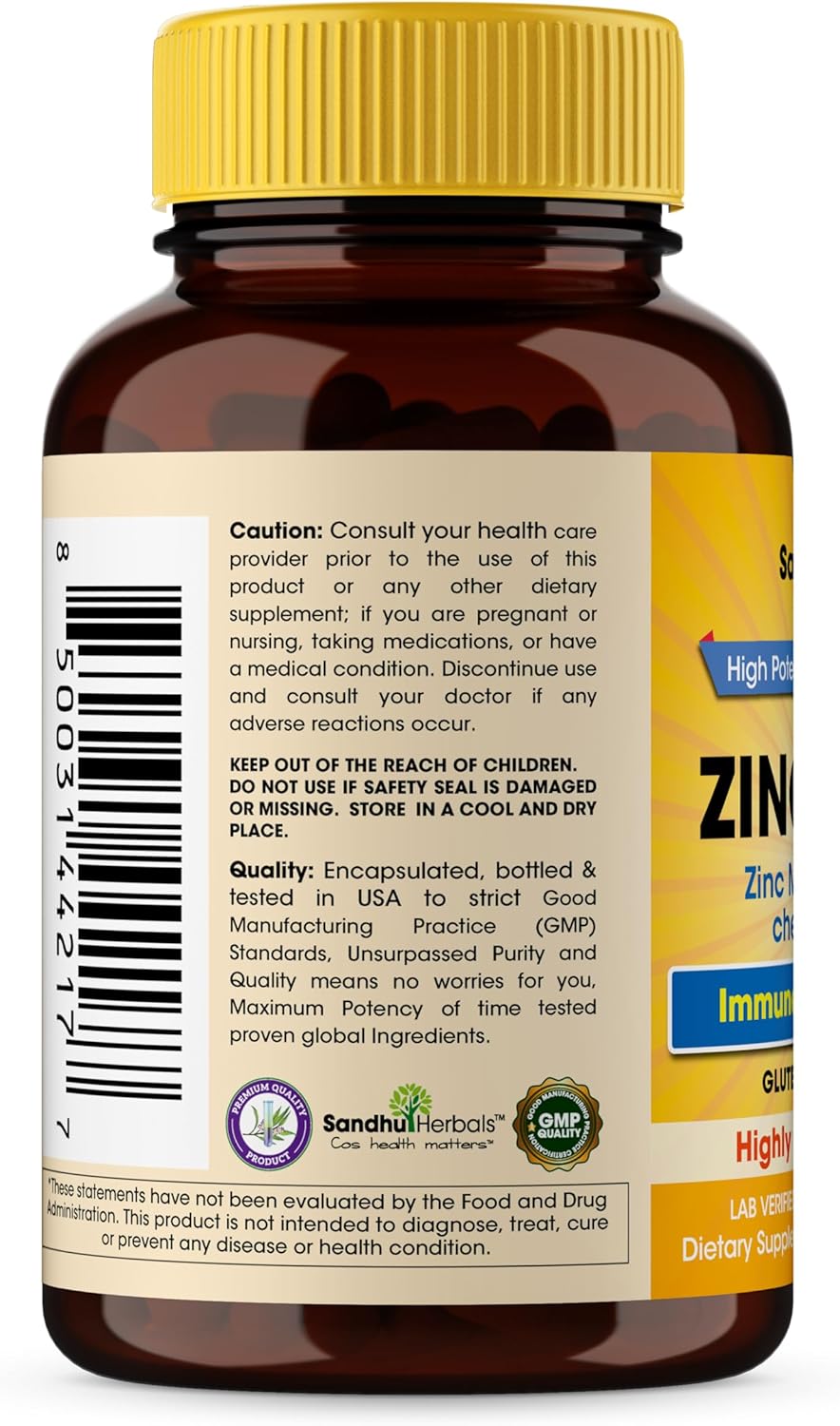 High Absorption Zinc Monomethionine Complex Supplement - 60 Capsules for Immune, Acne, and Antioxidant Support - Vegetarian Formula for Men & Women by Sandhu Herbals