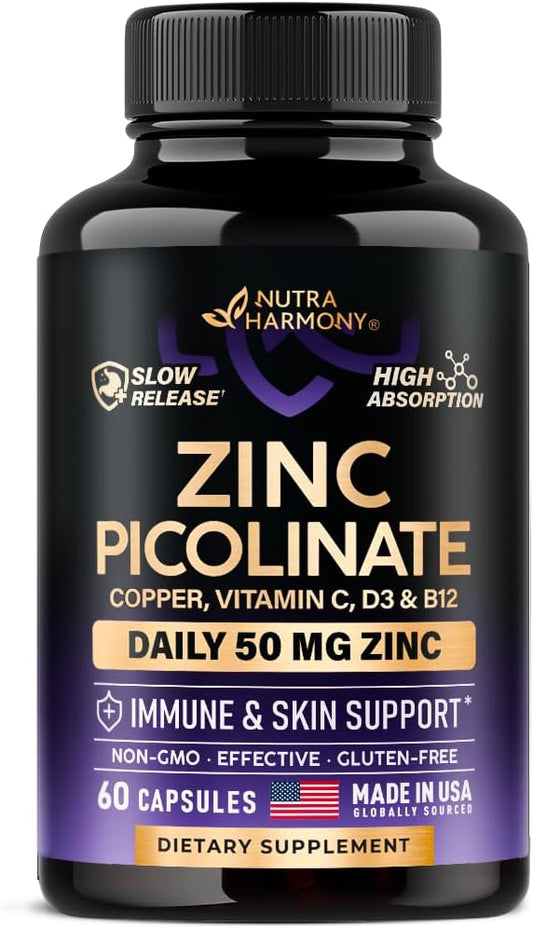 High Absorption Zinc Picolinate Supplement with Copper, Vitamin D3 & B12 for Immune Support & Skin Health - 60 Capsules