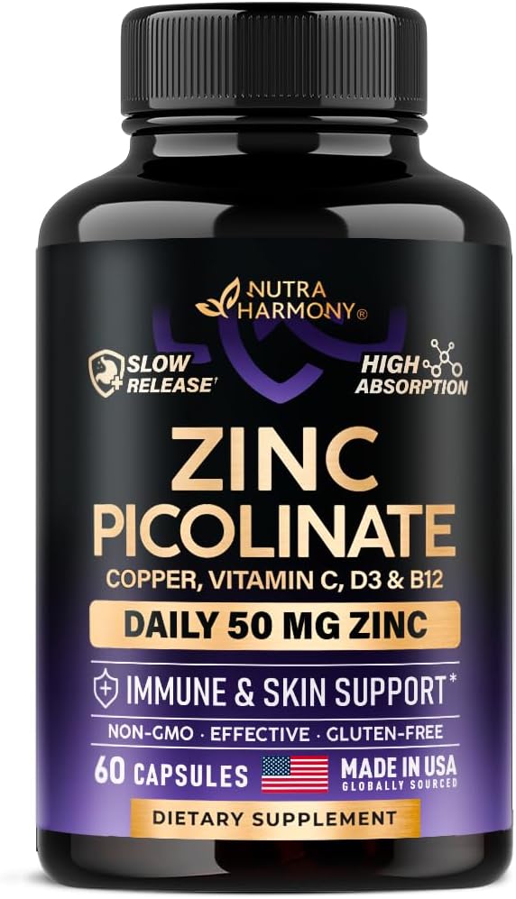 High Absorption Zinc Picolinate Supplement with Copper, Vitamin D3 & B12 for Immune Support & Skin Health - 60 Capsules