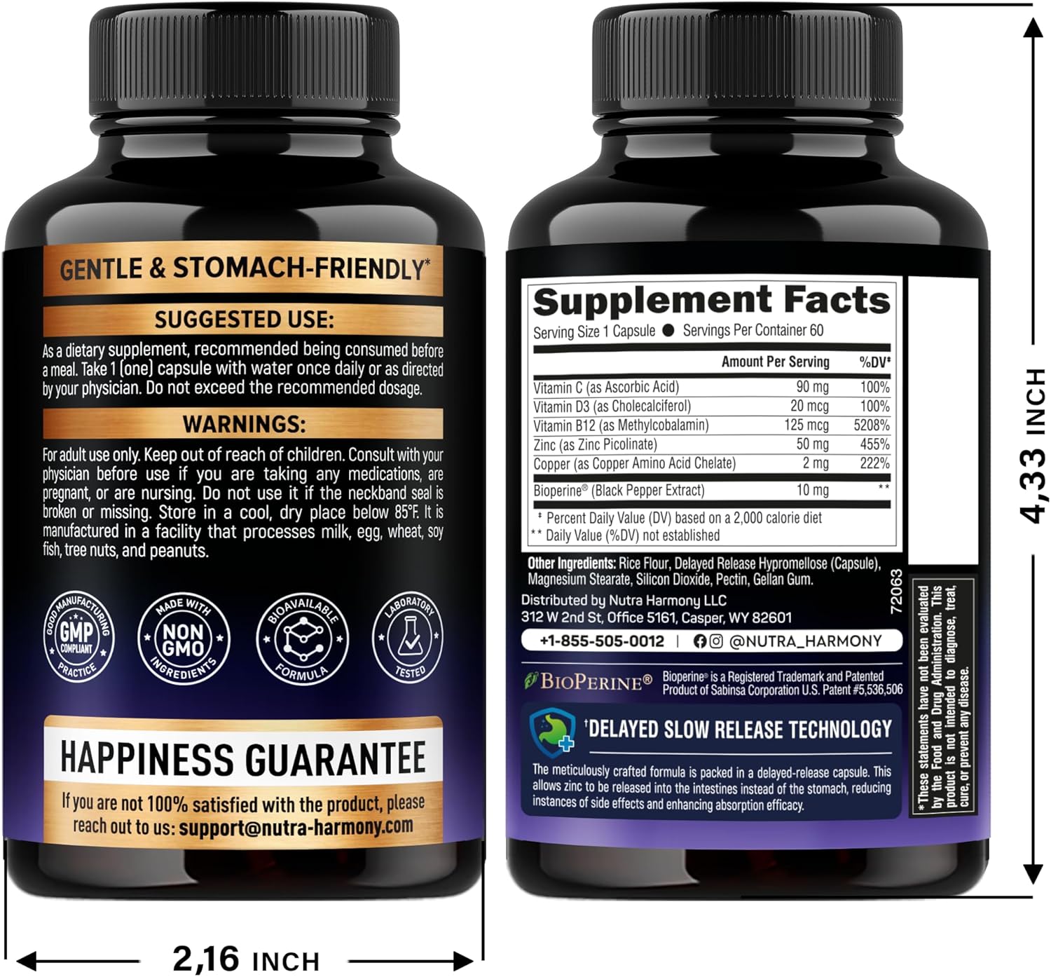 High Absorption Zinc Picolinate Supplement with Copper, Vitamin D3 & B12 for Immune Support & Skin Health - 60 Capsules