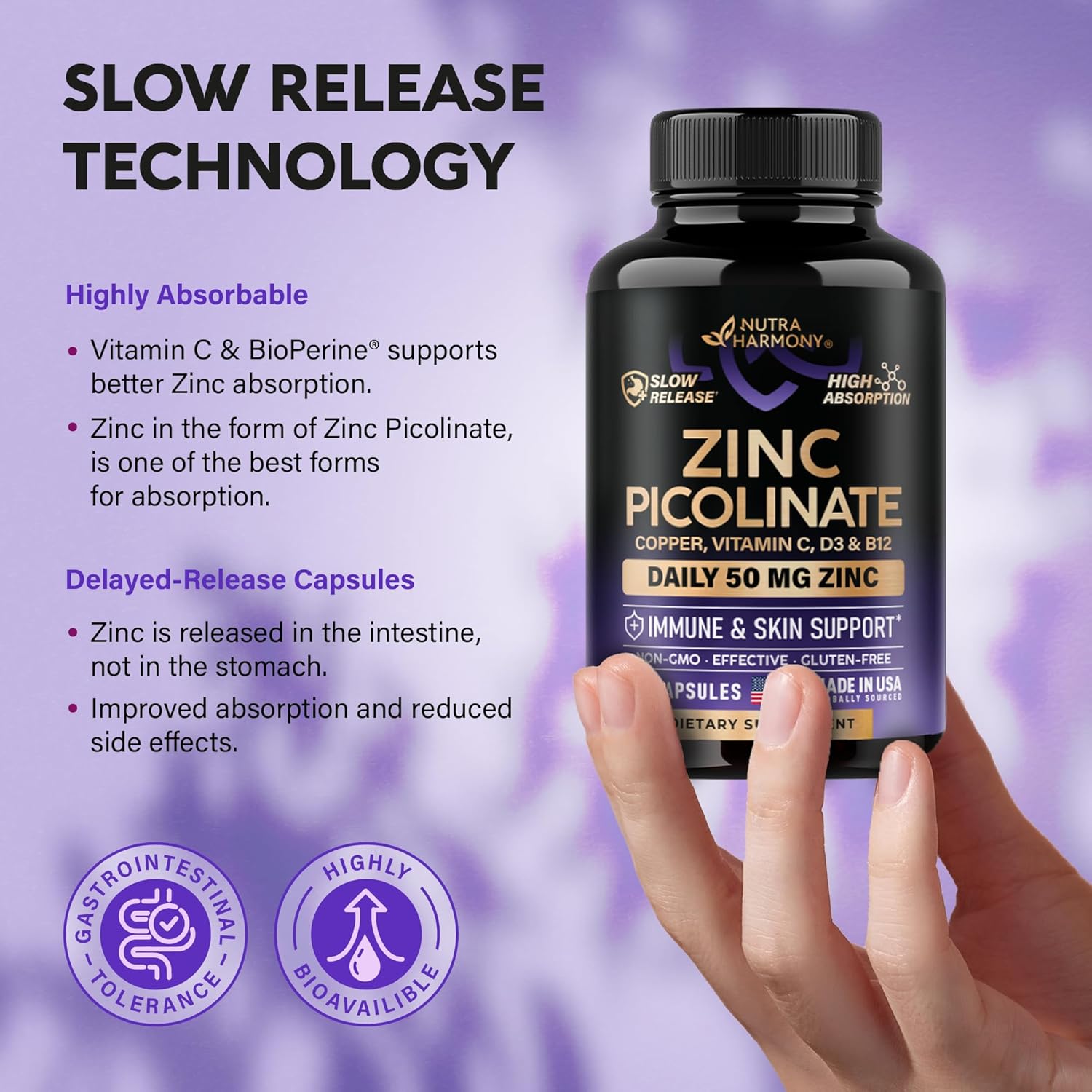 High Absorption Zinc Picolinate Supplement with Copper, Vitamin D3 & B12 for Immune Support & Skin Health - 60 Capsules