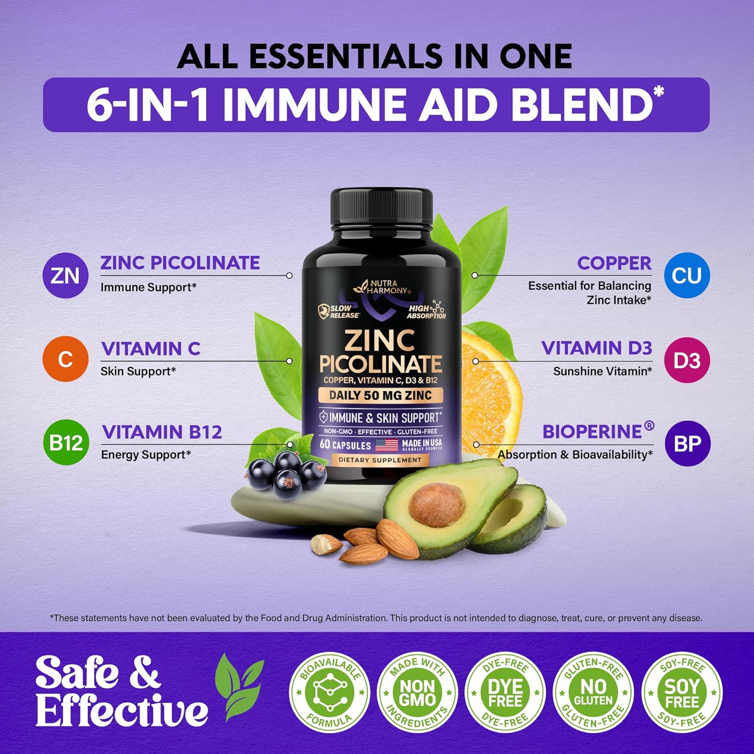 High Absorption Zinc Picolinate Supplement with Copper, Vitamin D3 & B12 for Immune Support & Skin Health - 60 Capsules