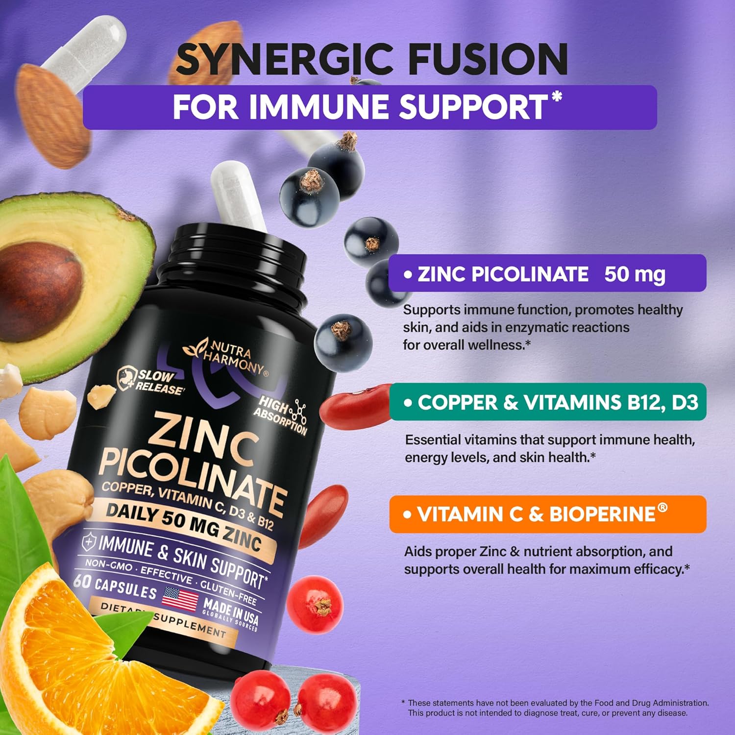 High Absorption Zinc Picolinate Supplement with Copper, Vitamin D3 & B12 for Immune Support & Skin Health - 60 Capsules