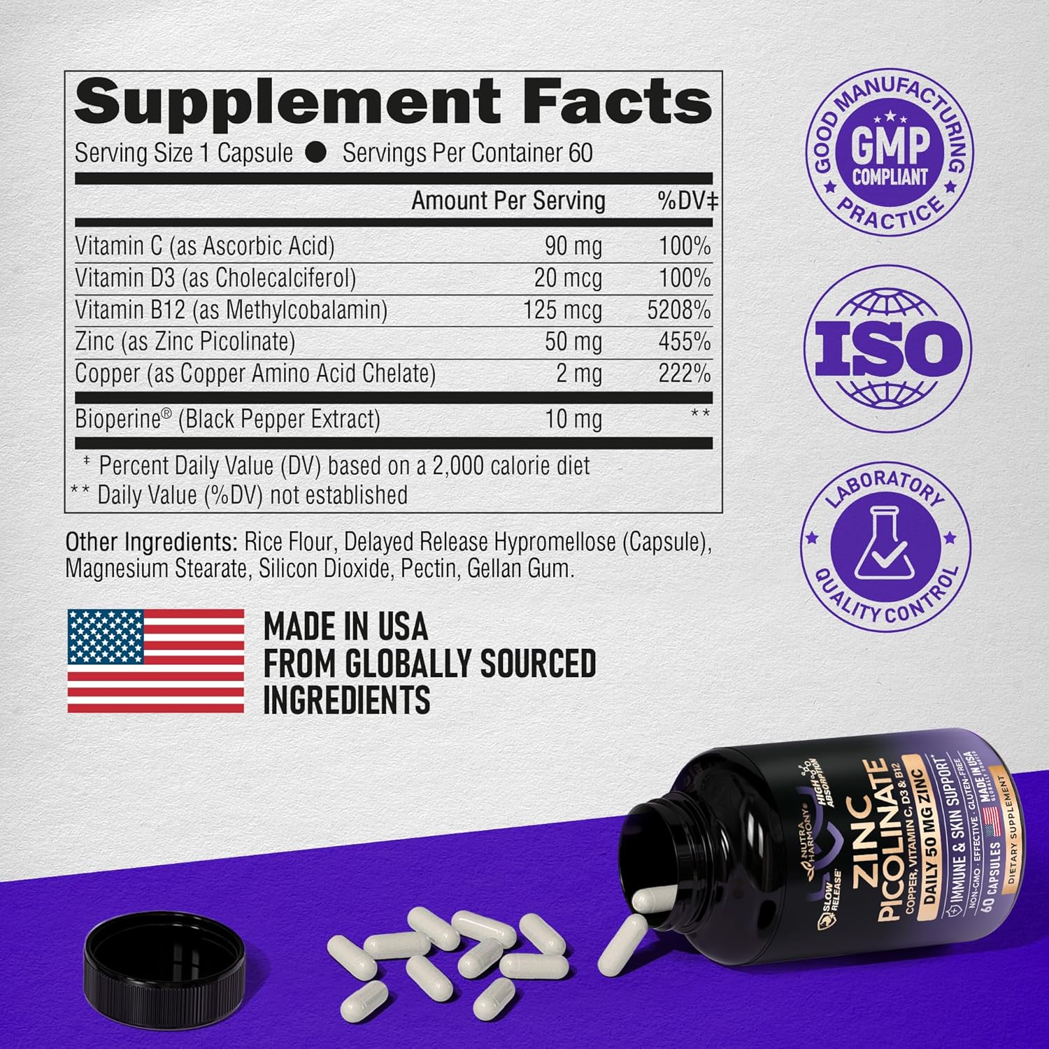 High Absorption Zinc Picolinate Supplement with Copper, Vitamin D3 & B12 for Immune Support & Skin Health - 60 Capsules