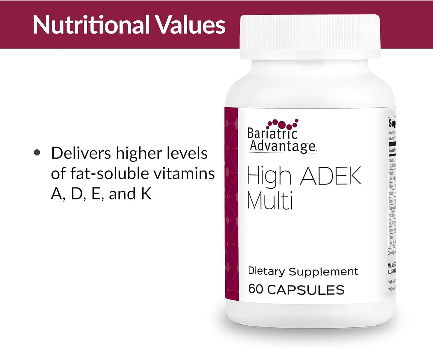 High ADEK Multi Vitamin Supplement for Bariatric Patients - 100%+ DV of ADEK - 60 Capsules