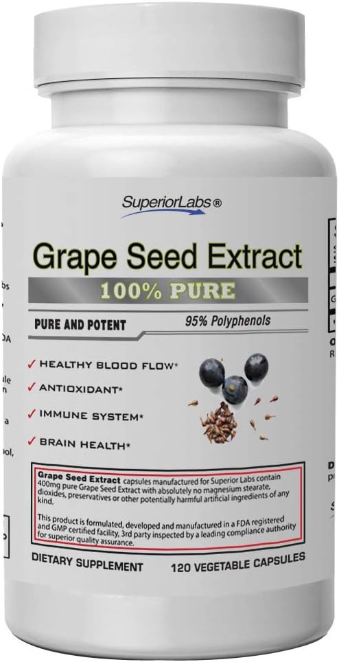High Antioxidant Grape Seed Extract Capsules for Cardiovascular and Brain Health - 95% Polyphenols, 400mg - Immune System Support - 120 Vegetable Capsules