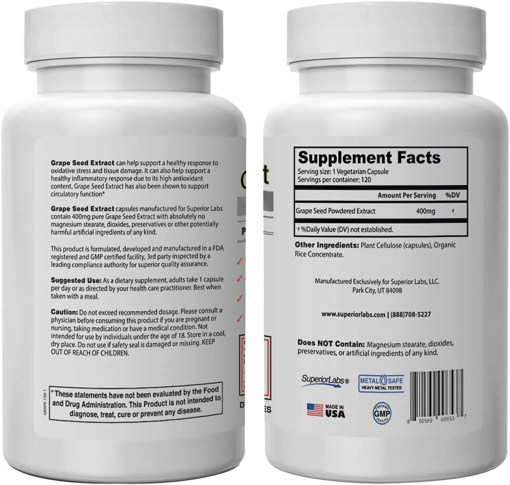 High Antioxidant Grape Seed Extract Capsules for Cardiovascular and Brain Health - 95% Polyphenols, 400mg - Immune System Support - 120 Vegetable Capsules