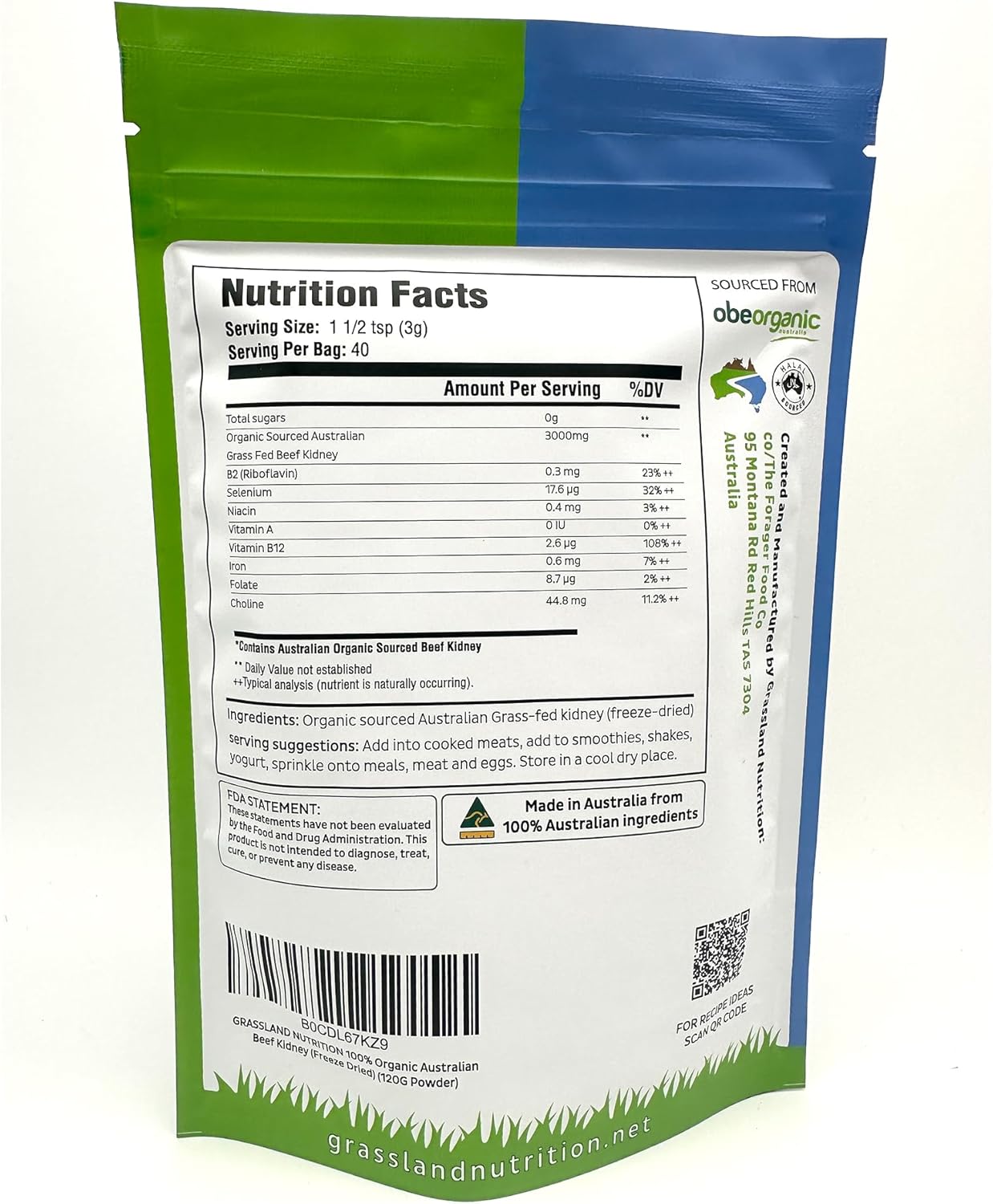 High B12 and Selenium Grassland Nutrition Freeze-Dried Australian Beef Kidney Powder (120g)