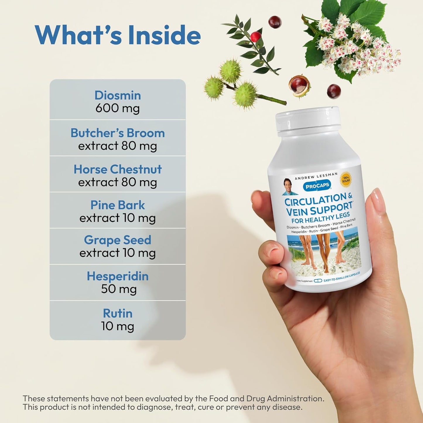 High Bioactivity Circulation and Vein Support Capsules - Visibly Reduces Swelling and Discomfort in Legs - With Diosmin and Butcher's Broom - 60 Capsules