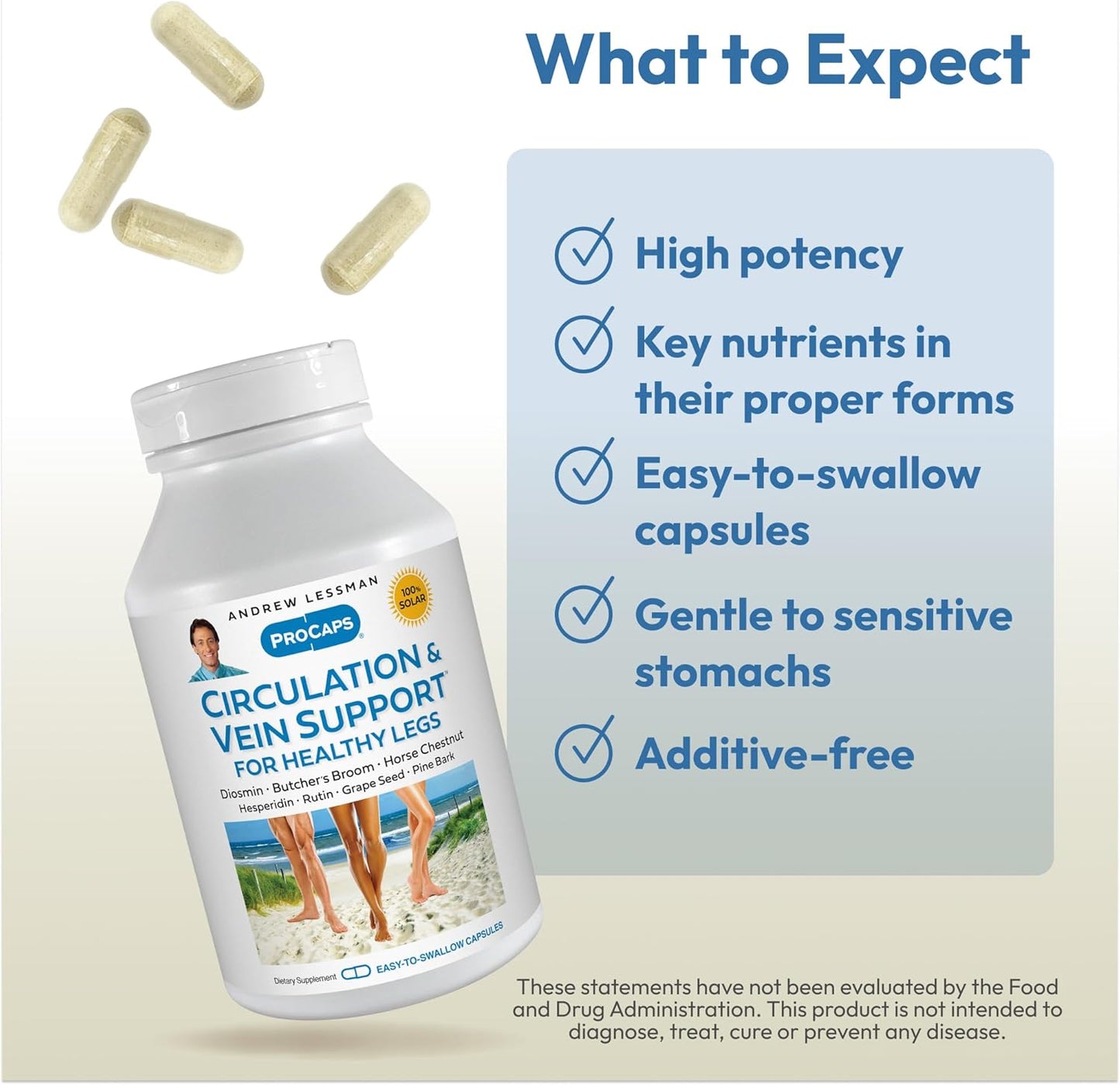 High Bioactivity Circulation and Vein Support Capsules - Visibly Reduces Swelling and Discomfort in Legs - With Diosmin and Butcher's Broom - 60 Capsules