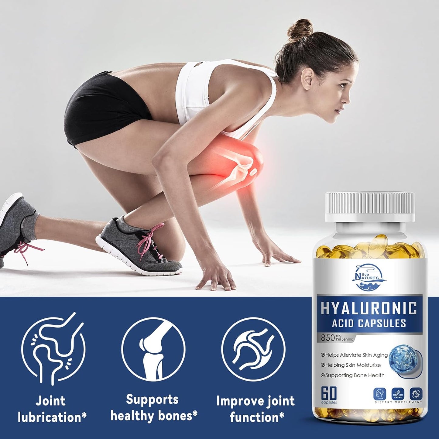 High Bioavailability Hyaluronic Acid Capsules for Skin and Joint Health - 850mg, 60 Capsules (Pack of 3)