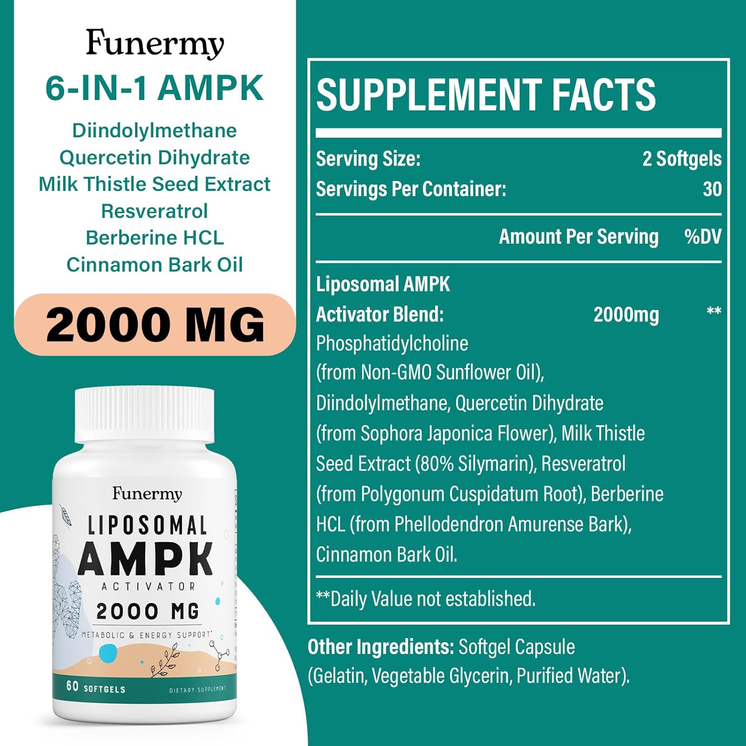 High Bioavailability Liposomal AMPK Activator 2000 mg Capsules - Berberine HCL, DIM, Milk Thistle, Cinnamon Bark - 6-in-1 Antioxidant Support and Cellular Regulation - 120 Softgels