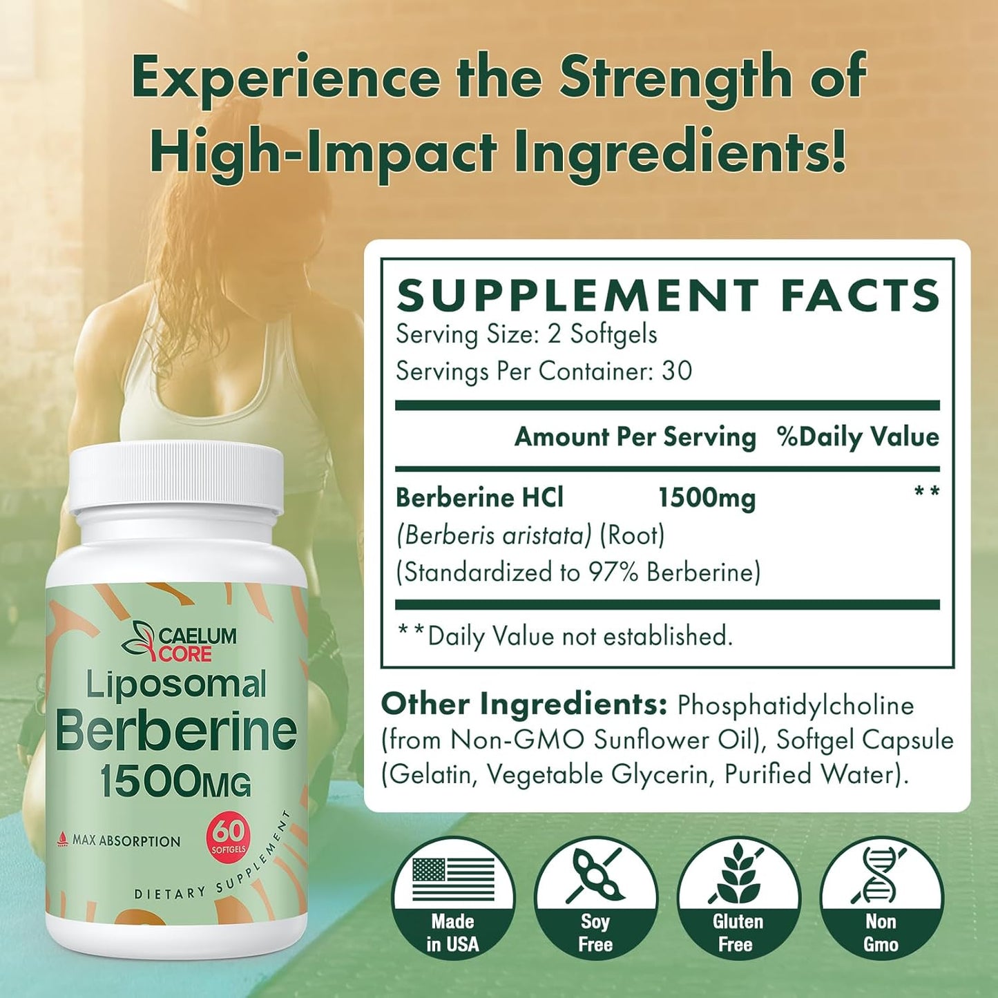 High Bioavailability Liposomal Berberine HCL Supplement - 1500mg Activates AMPK & GLP-1, Berberine for Overall Health Support - Women and Men, 1 Pack