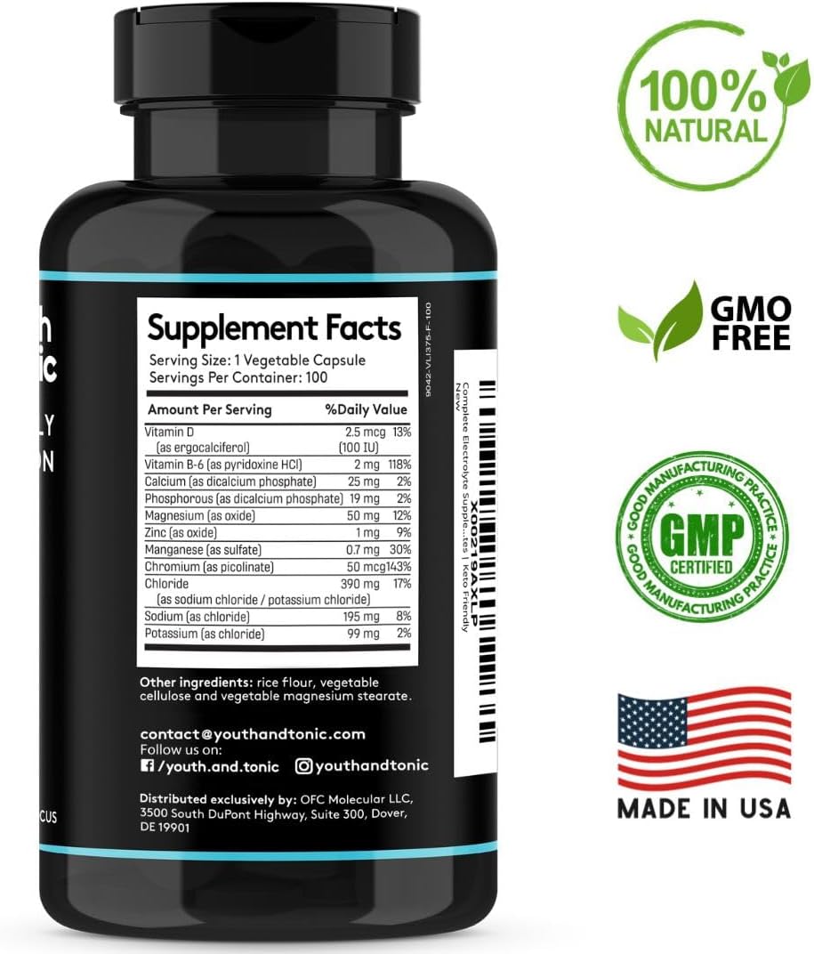 High Bioavailability Youth & Tonic Electrolyte Supplement for Rapid Rehydration, Muscle Recovery, and Mental Focus - 200 Capsules